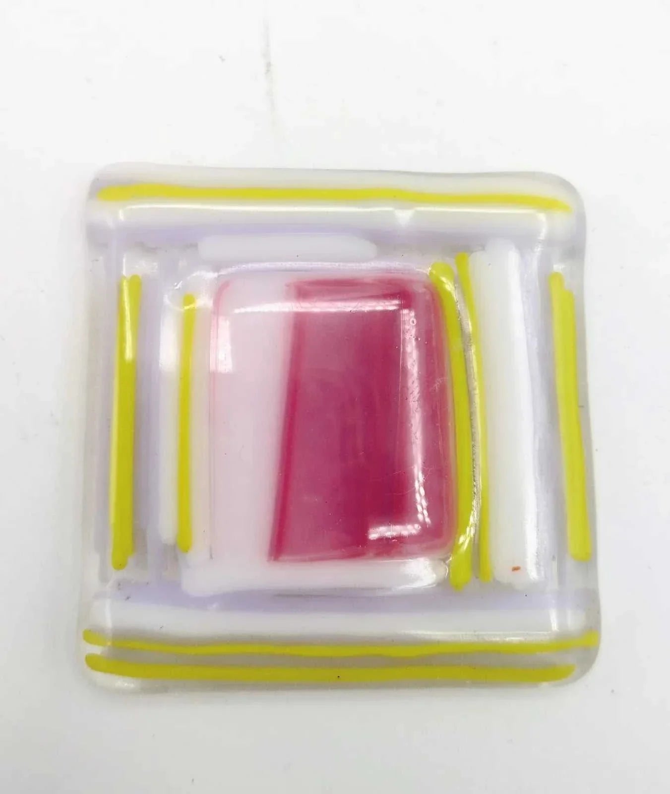 Square fused glass art piece with pink center and yellow striped border, Choose Your Own Fusing Project sample