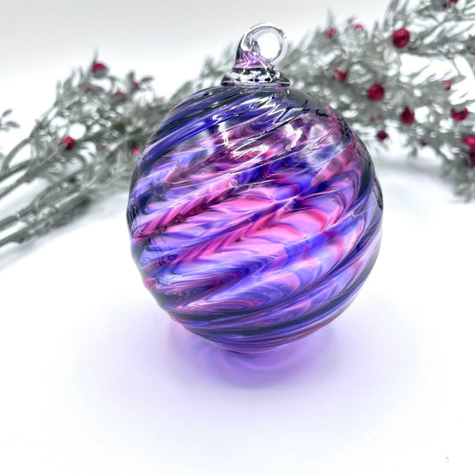 Purple Mix Spiral Twist hand blown glass ornament with swirl design, 4x4 inches, decorative hanging bauble for gifts and holiday décor
