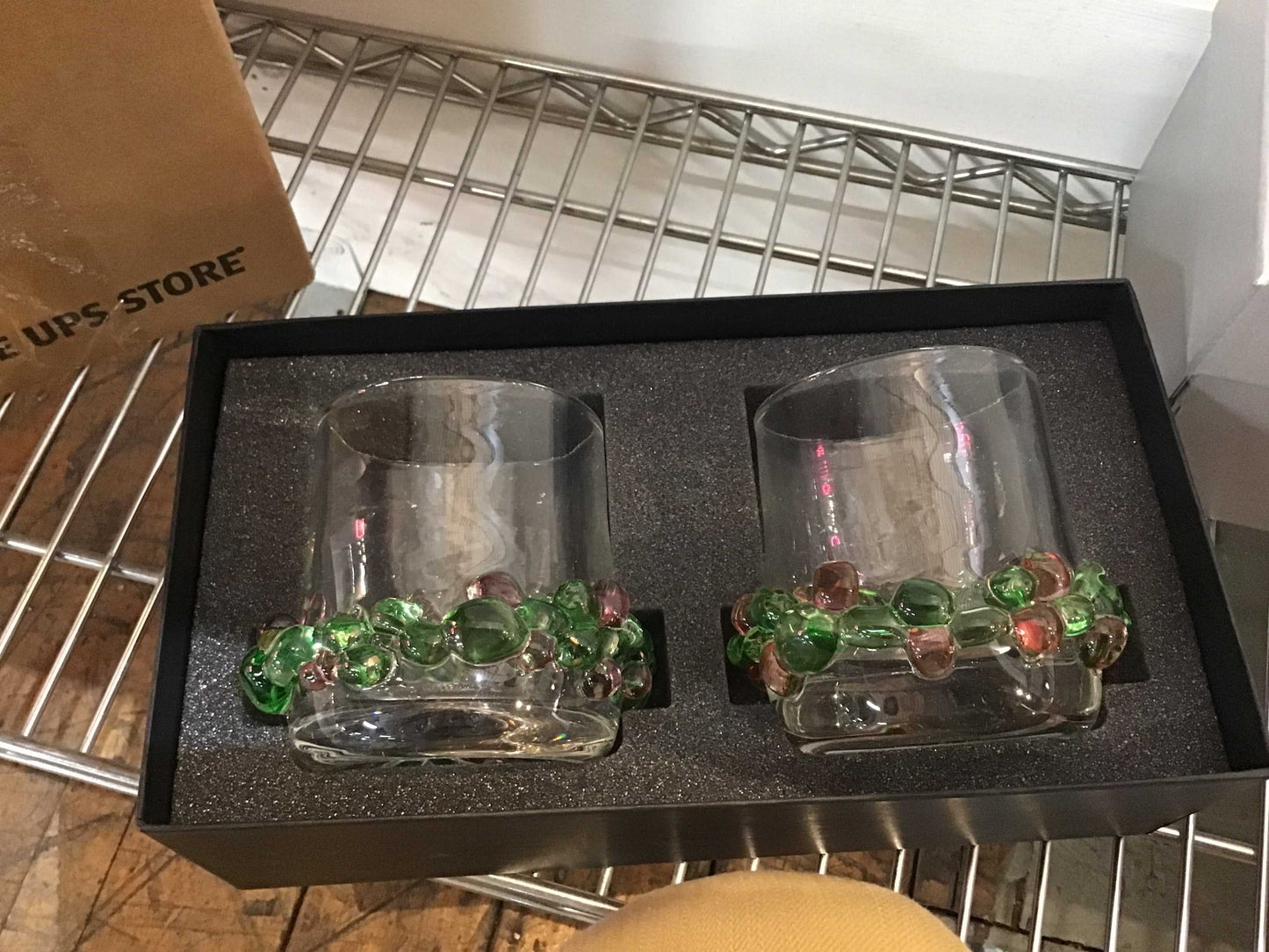 Rox Glasses set of two clear glasses with green and pink decorative beads in gift box