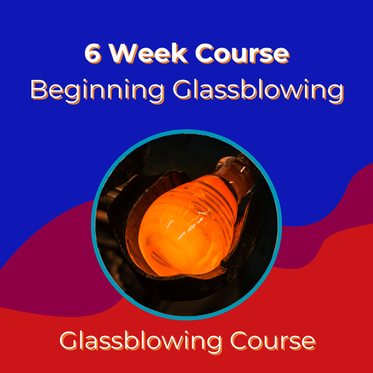 6 week beginner glassblowing course with glowing molten glass being shaped in a furnace