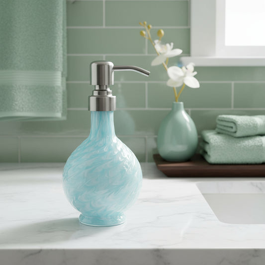 Celadon Handblown Marbled Glass Soap Dispenser