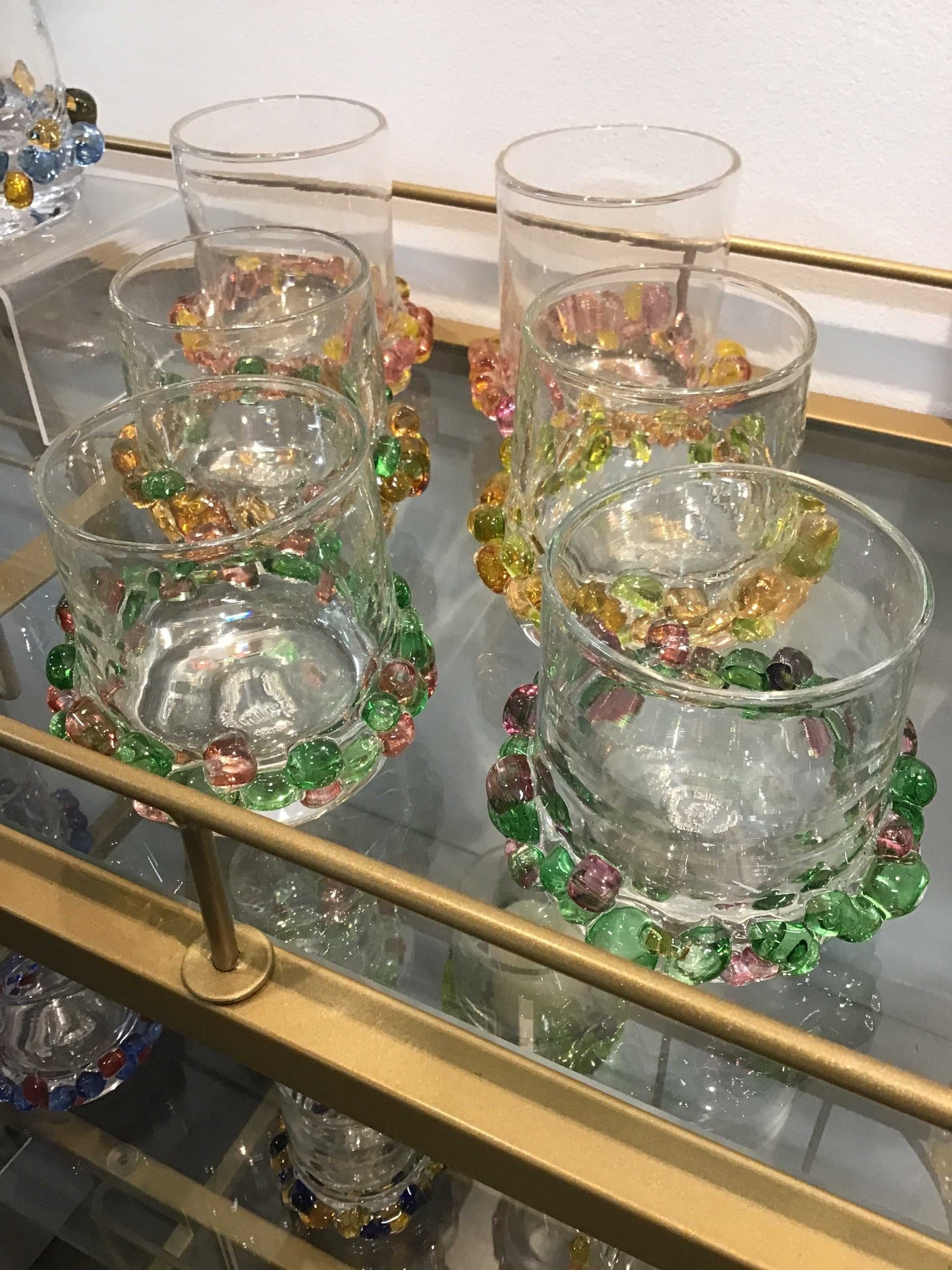 Rox Glasses set with colorful decorative bead accents, displayed on a gold metal tray, includes gift box packaging
