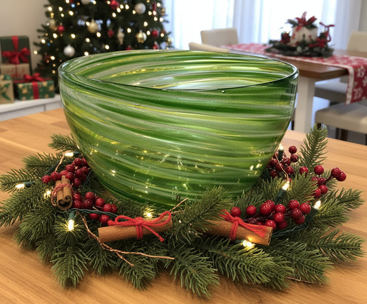 Green glass bowl with swirl pattern on a white background