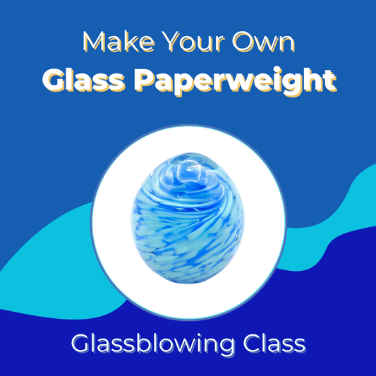 Blue and white swirled glass paperweight on blue background with text Make Your Own Glass Paperweight Glassblowing Class