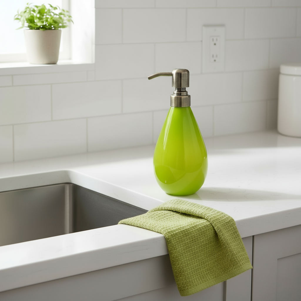 Green soap dispenser with a metallic pump on a white pedestal against a light gray background