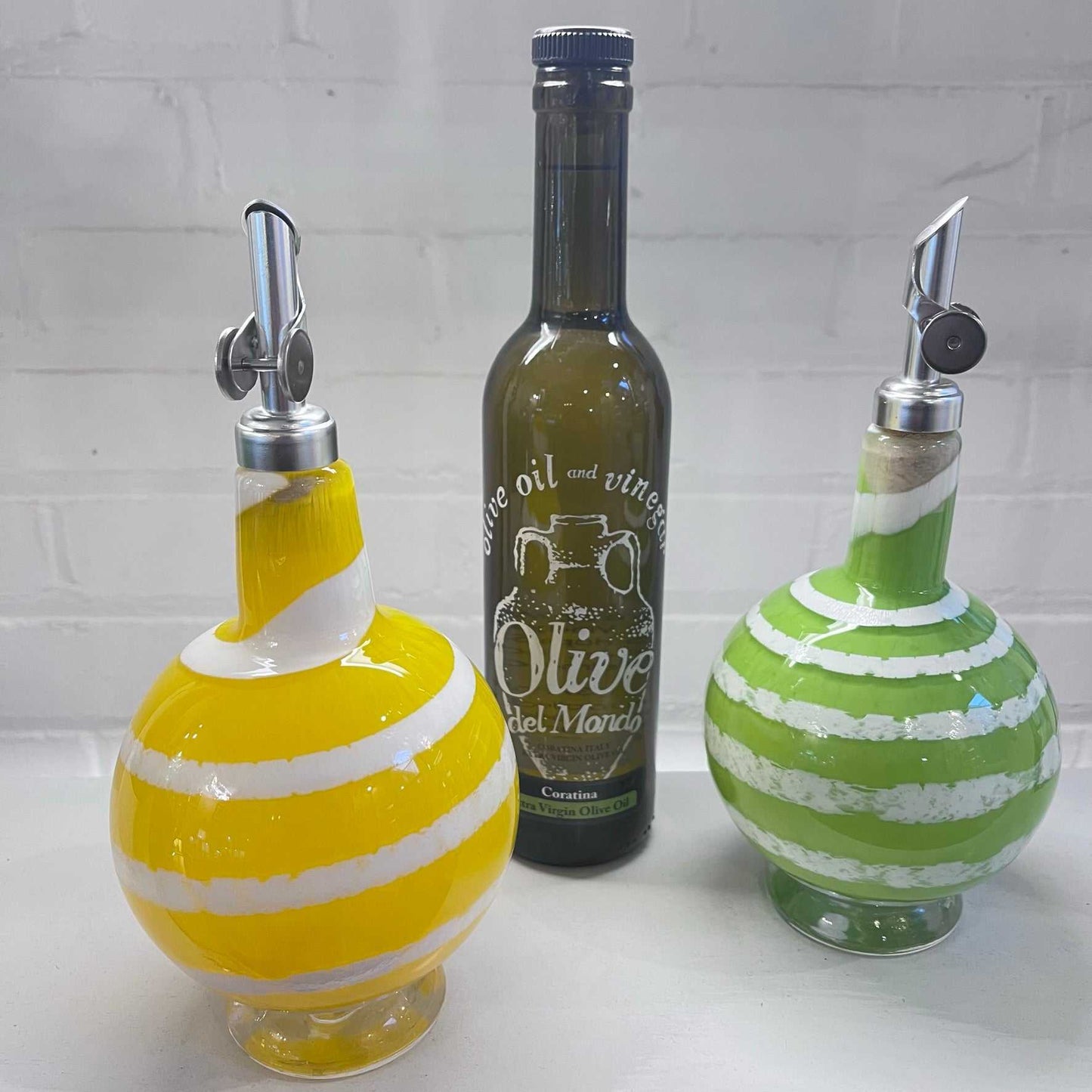 Set of 2 colorful Oil and Vinegar Drizzler Bottles with ergonomic stainless steel pour spouts and decorative striped design