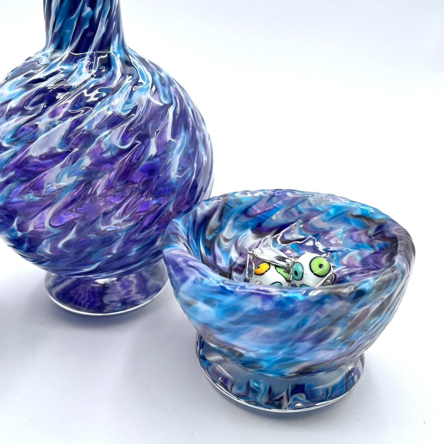 Handmade marbled glass vanity set in hyacinth and aqua with soap dispenser and bowl