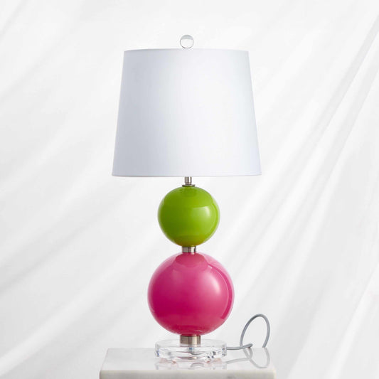 Betty Bold Table Lamp with hand-blown electric pink and melon green glass globes and off-white fabric shade