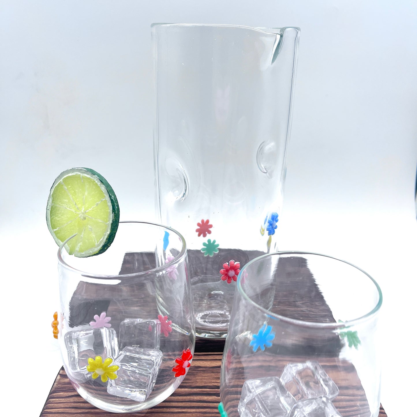 Hand Blown Stemless Wine Glass Set and Pitcher| Made in Rhode Island.