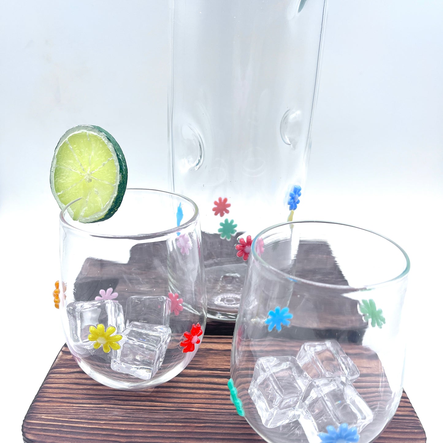 Hand Blown Stemless Wine Glass Set and Pitcher| Made in Rhode Island.