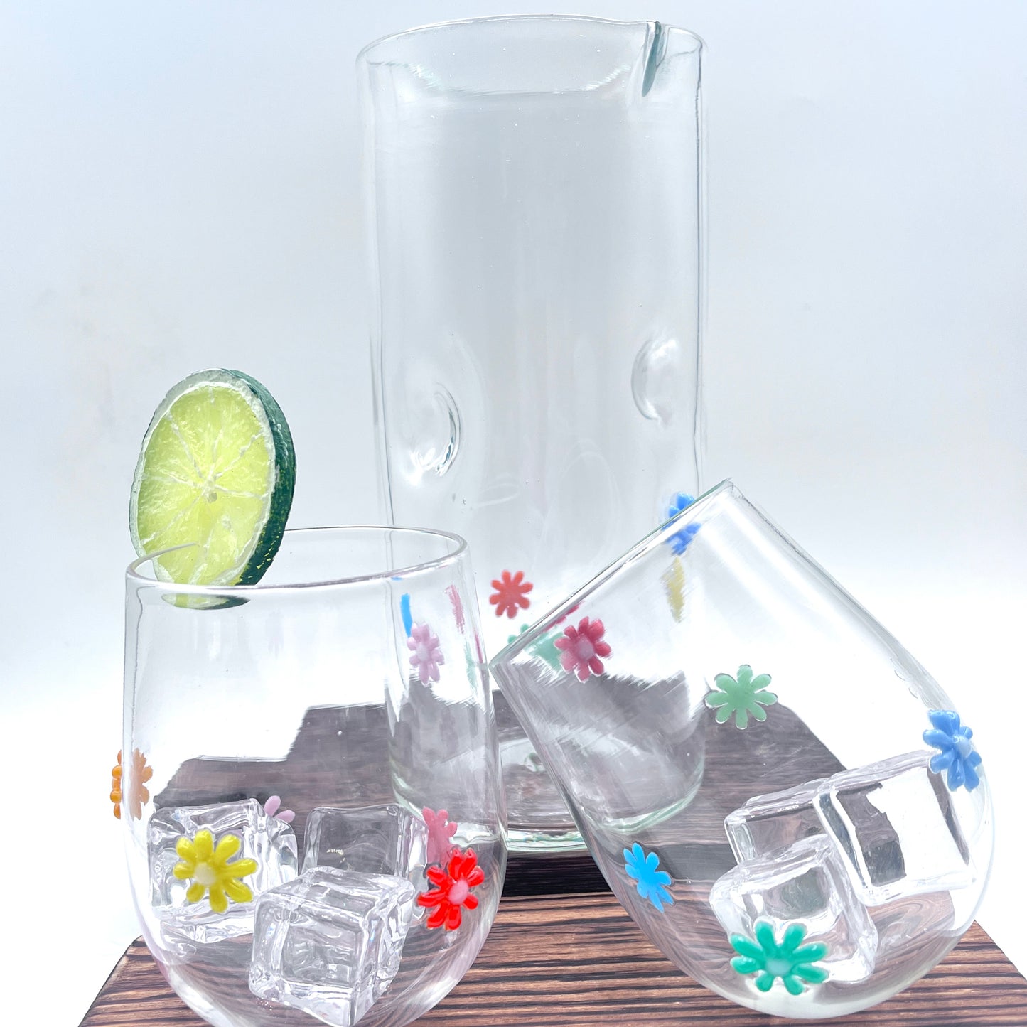 Hand Blown Stemless Wine Glass Set and Pitcher| Made in Rhode Island.