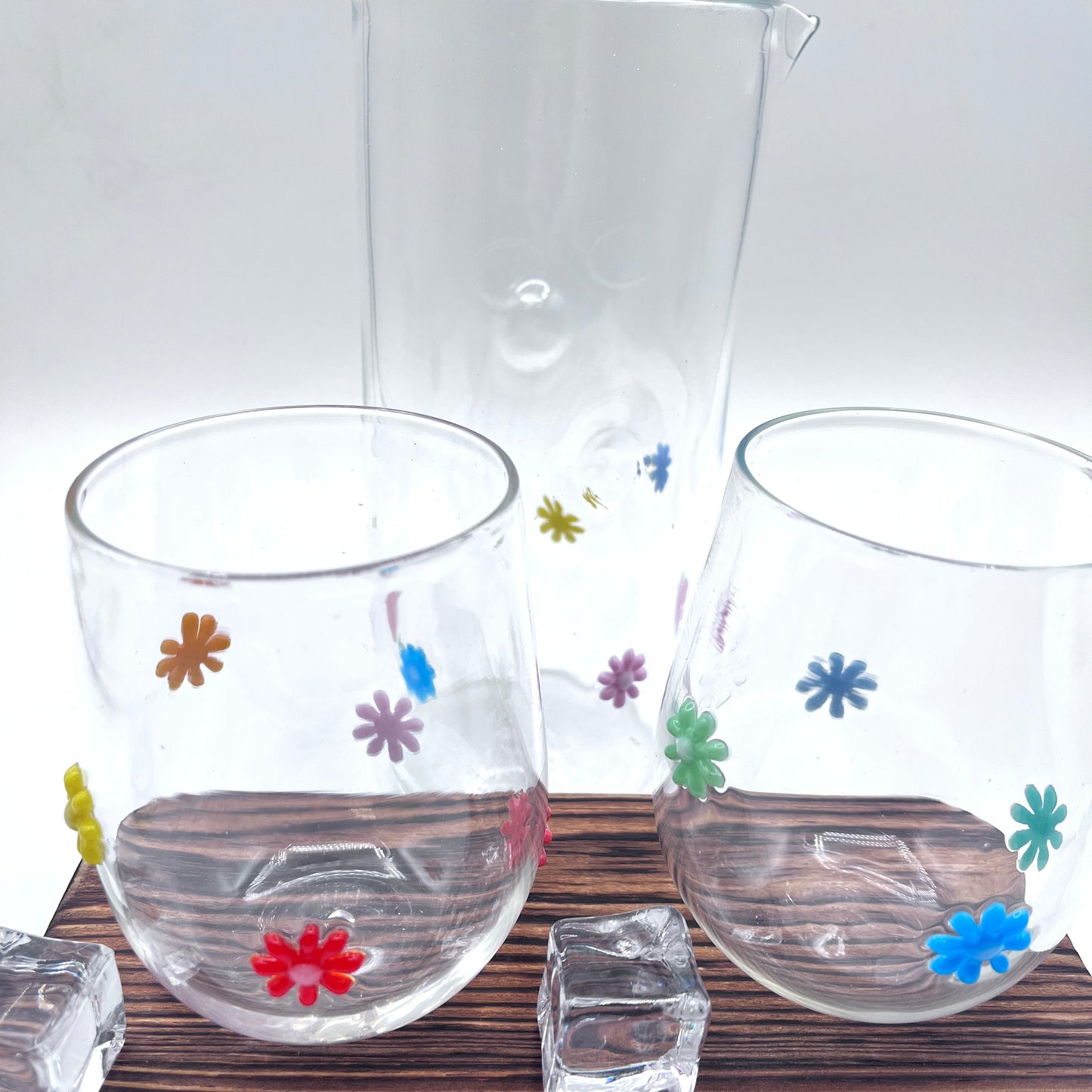 Hand Blown Stemless Wine Glass Set and Pitcher| Made in Rhode Island.