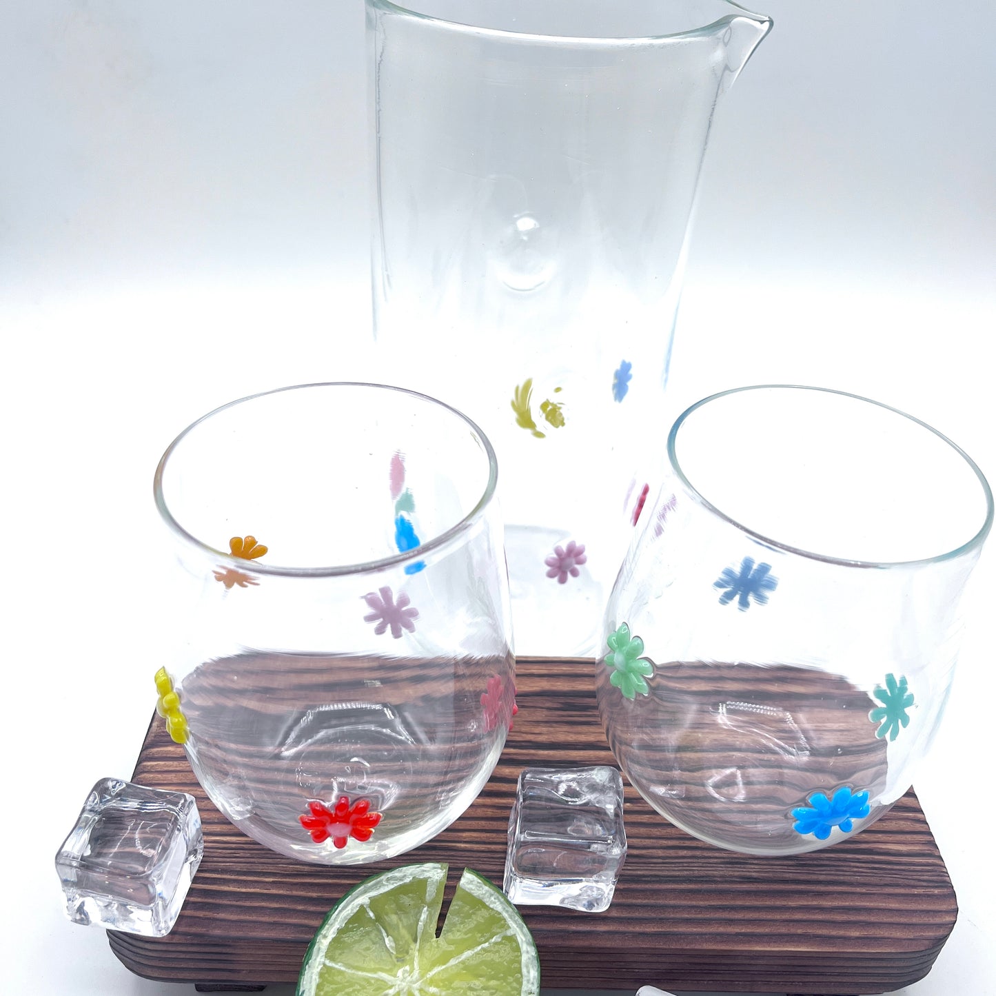 Hand Blown Stemless Wine Glass Set and Pitcher| Made in Rhode Island.
