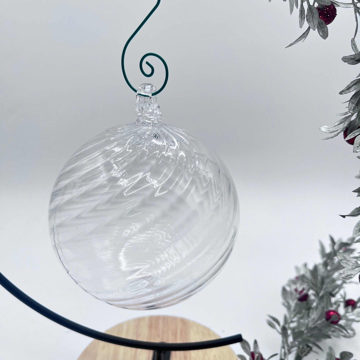Clear blown glass ornament with spiral twist hanging decoration