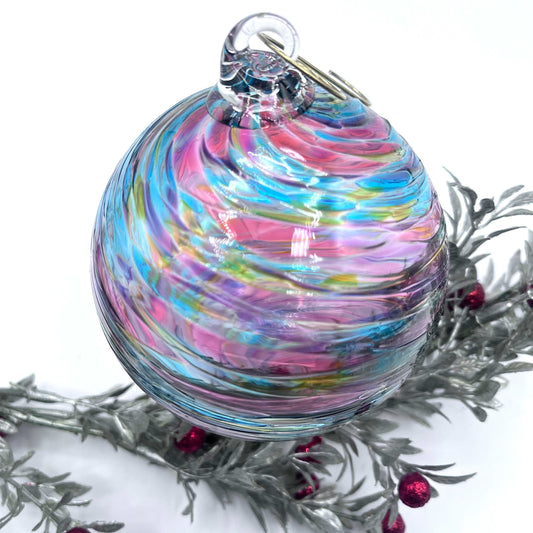 Blue Mix Twist Glass Ornament with vibrant blue, pink, and yellow swirls, handcrafted for unique holiday decor.