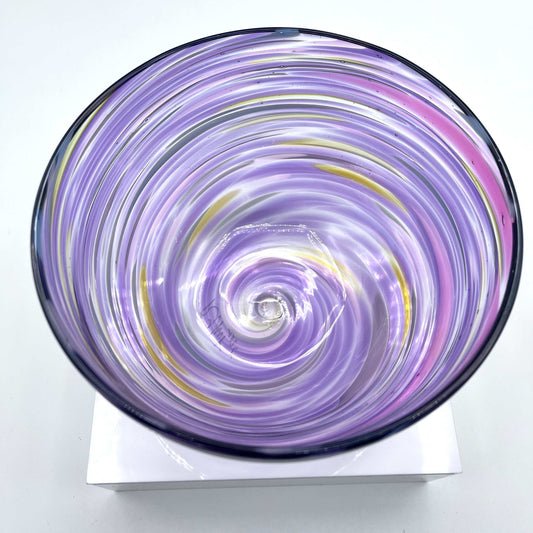 Hand-blown fuschia twist glass bowl with sunset-inspired gradient in purple and pink hues, 6x3 inches