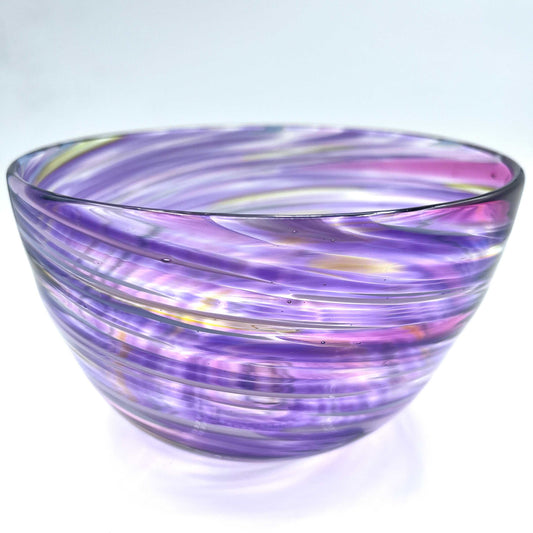 Hand-blown fuschia twist glass bowl with purple and pink swirling design, 6x3 inches, elegant serving dish