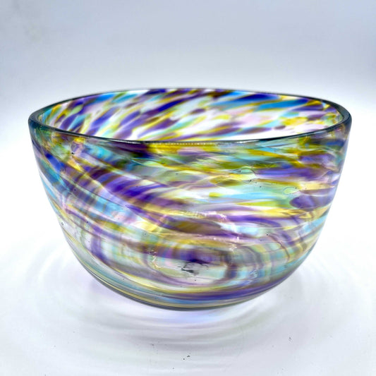 Hand-blown fruity blown glass bowl with vibrant swirling colors of hyacinth, olive, and aqua in a modern serving design