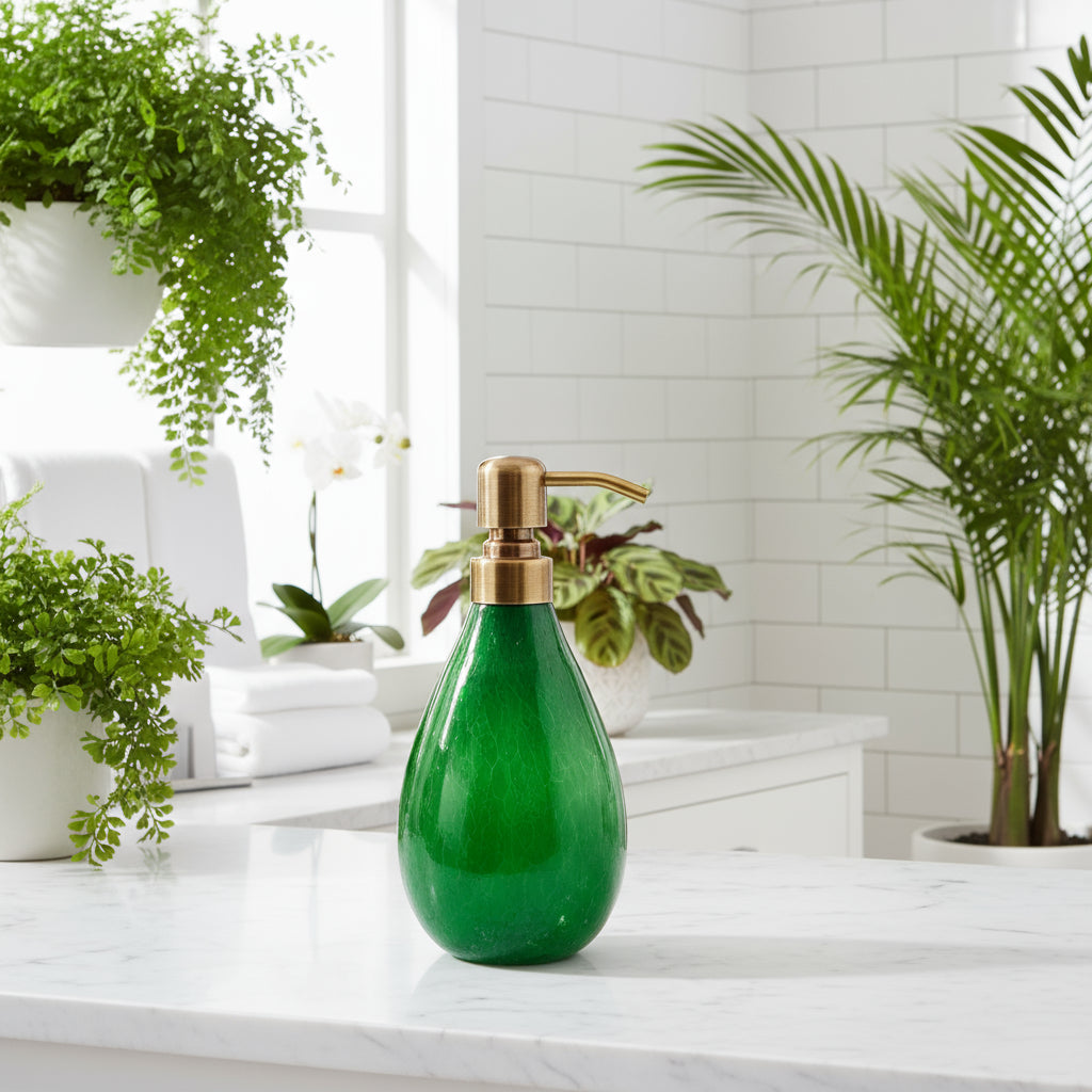 Green soap dispenser with gold pump on a white background
