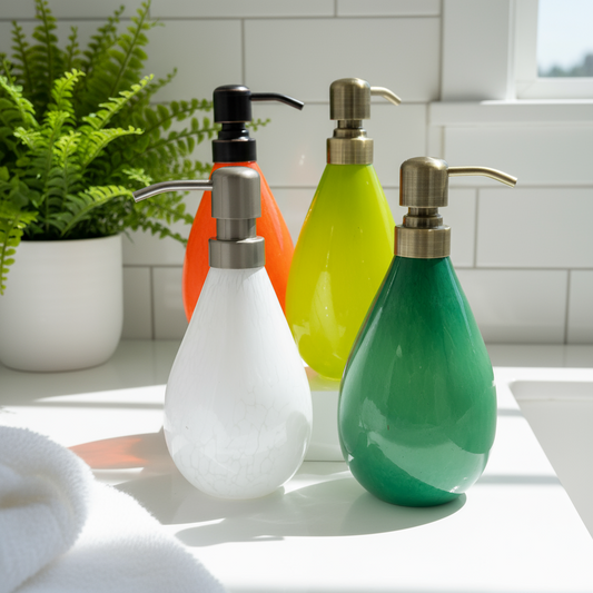 Four colorful soap dispensers with pump tops on a white background