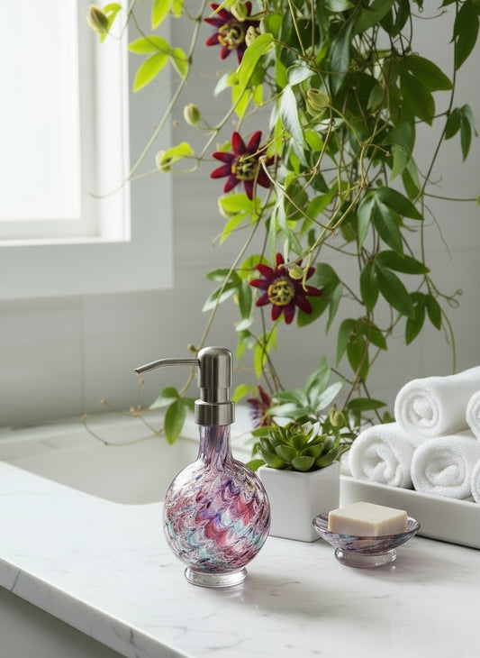 Opal Passion marbled hand blown glass soap dispenser with stainless steel pump and textured colorful pattern