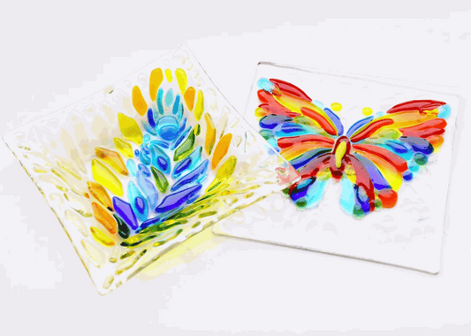 Colorful glass fused sun catcher and coaster with butterfly and abstract designs