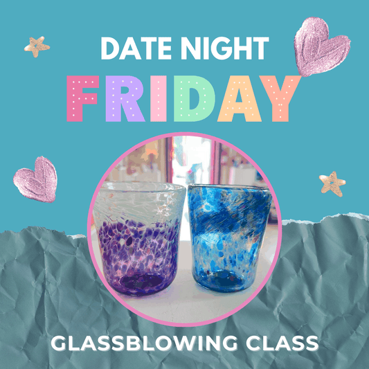 Colorful promotional graphic for a Date Night Glassblowing class featuring two handmade glass drinking glasses, one purple and one blue, with decorative hearts and stars on a blue background.