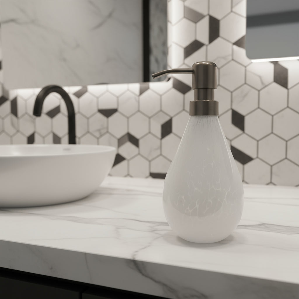 White soap dispenser with a metallic pump on a white platform against a light gray background