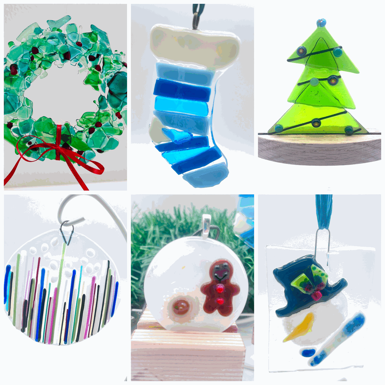 Colorful holiday-themed fused glass ornaments including wreath, stocking, Christmas tree, striped circle, gingerbread, and snowman designs.