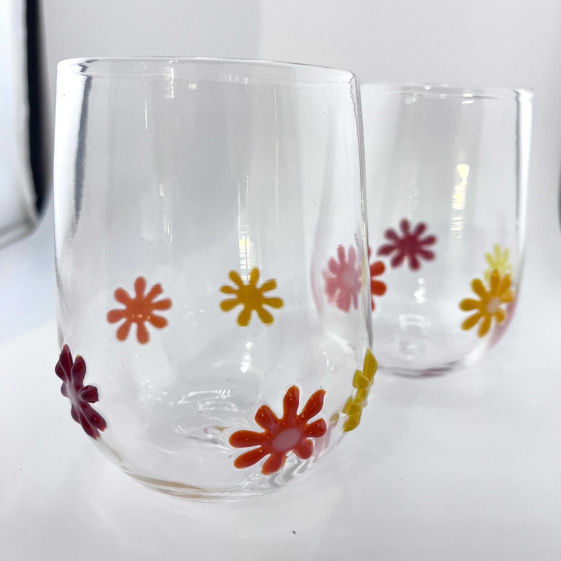 Flower Power Stemless Wine Glass with colorful hand-blown glass flowers, 12 oz, handmade in Rhode Island