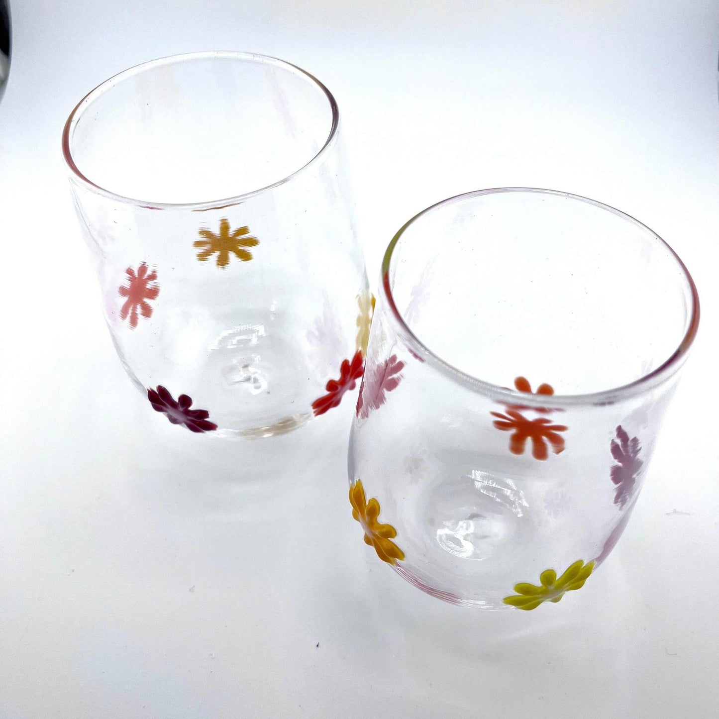 Hand blown Flower Power stemless wine glasses with colorful glass flowers, 12 oz, made in Rhode Island