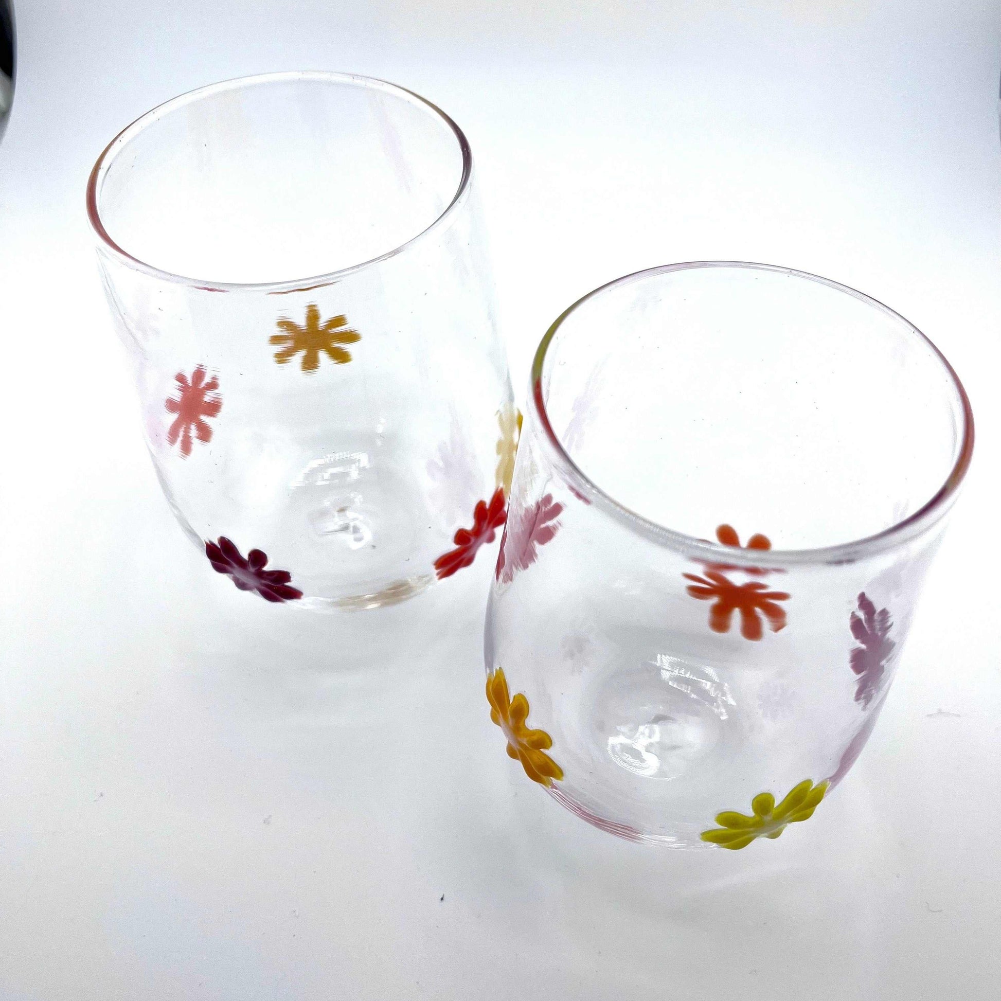 Hand blown Flower Power stemless wine glasses with colorful glass flowers, 12 oz, made in Rhode Island