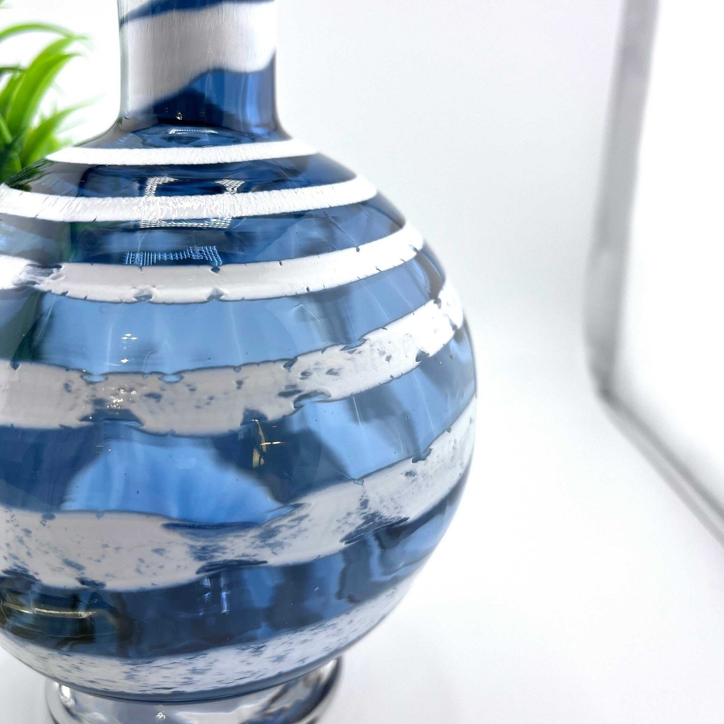 Boho handblown glass soap dispenser in steel blue with distressed white spiral design