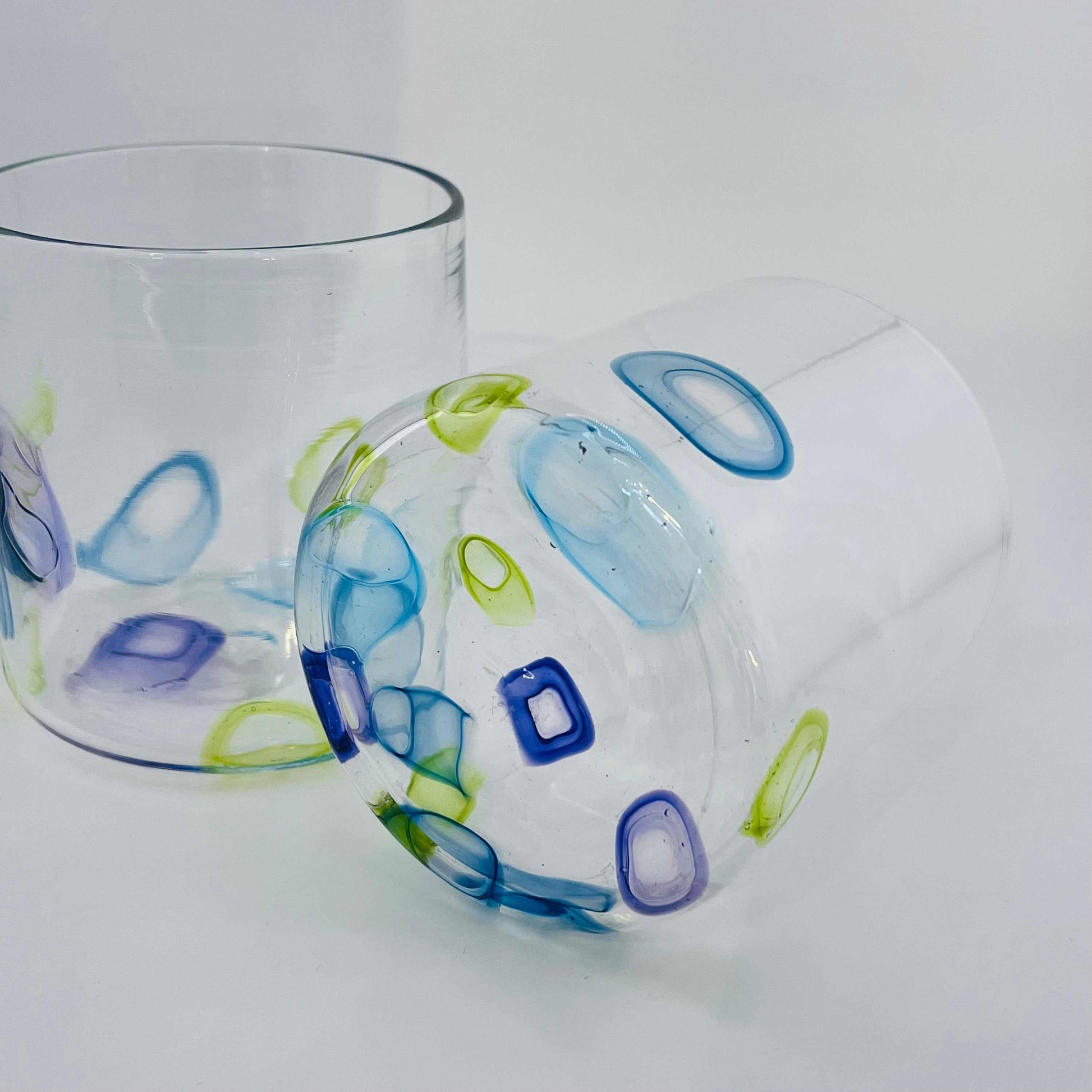 Set of two hand blown low ball glasses with colorful murrini dots in citron, hyacinth, and bluestone, Spring Fling Set