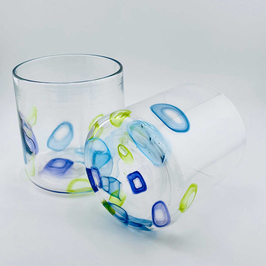 Set of two hand blown low ball glasses with colorful citron, hyacinth, and bluestone murrini accents, Spring Fling Set