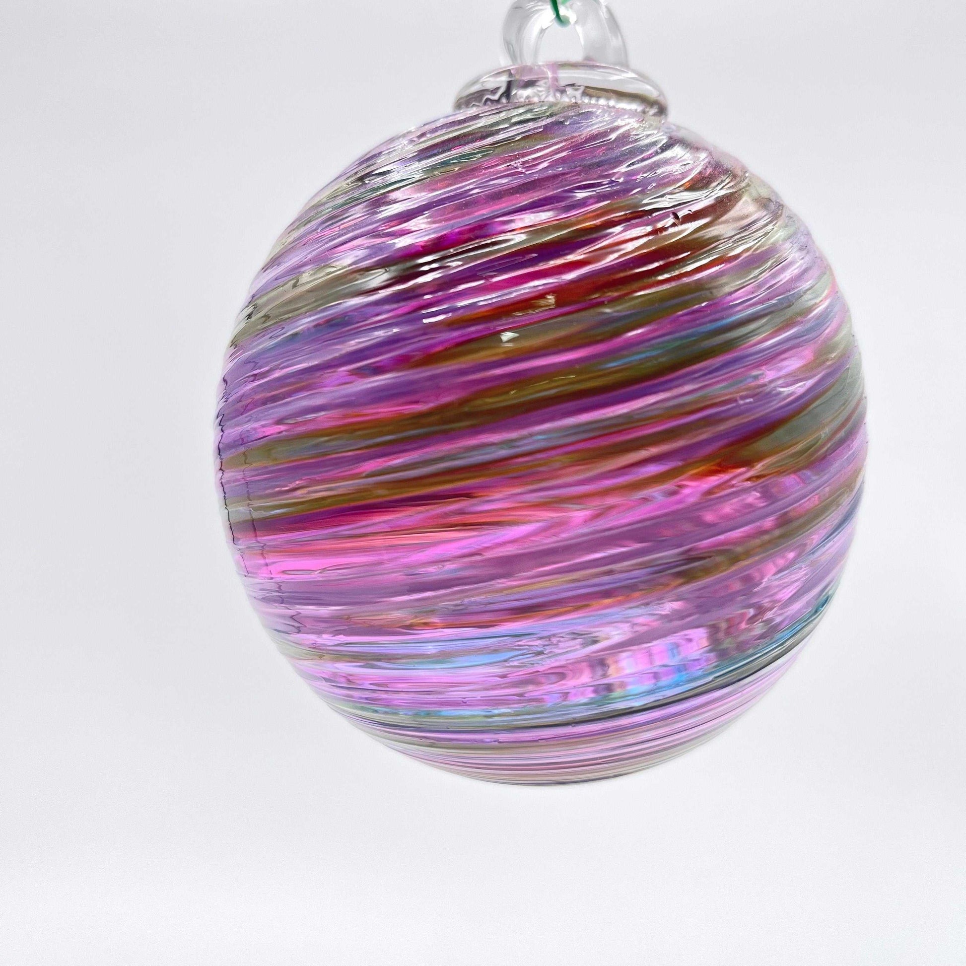 Purpy Spiral Twist hand blown glass ornament with purple and pink spiral design, 4x4 inches, decorative bauble for windows or gifts