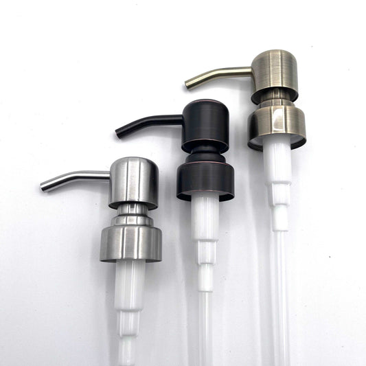 Three replacement soap pumps in nickel, brass, and bronze finishes for DIY soap dispensers with standard 28mm threads and 8-inch straws.