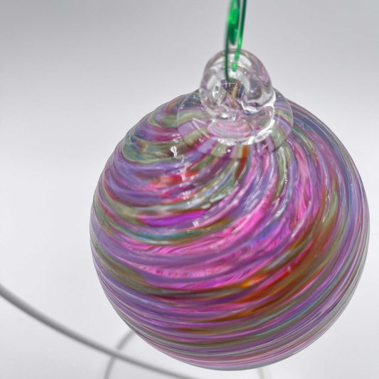 Purpy Spiral Twist hand blown glass ornament with colorful spiral design, 4x4 inches, decorative friendship ball.