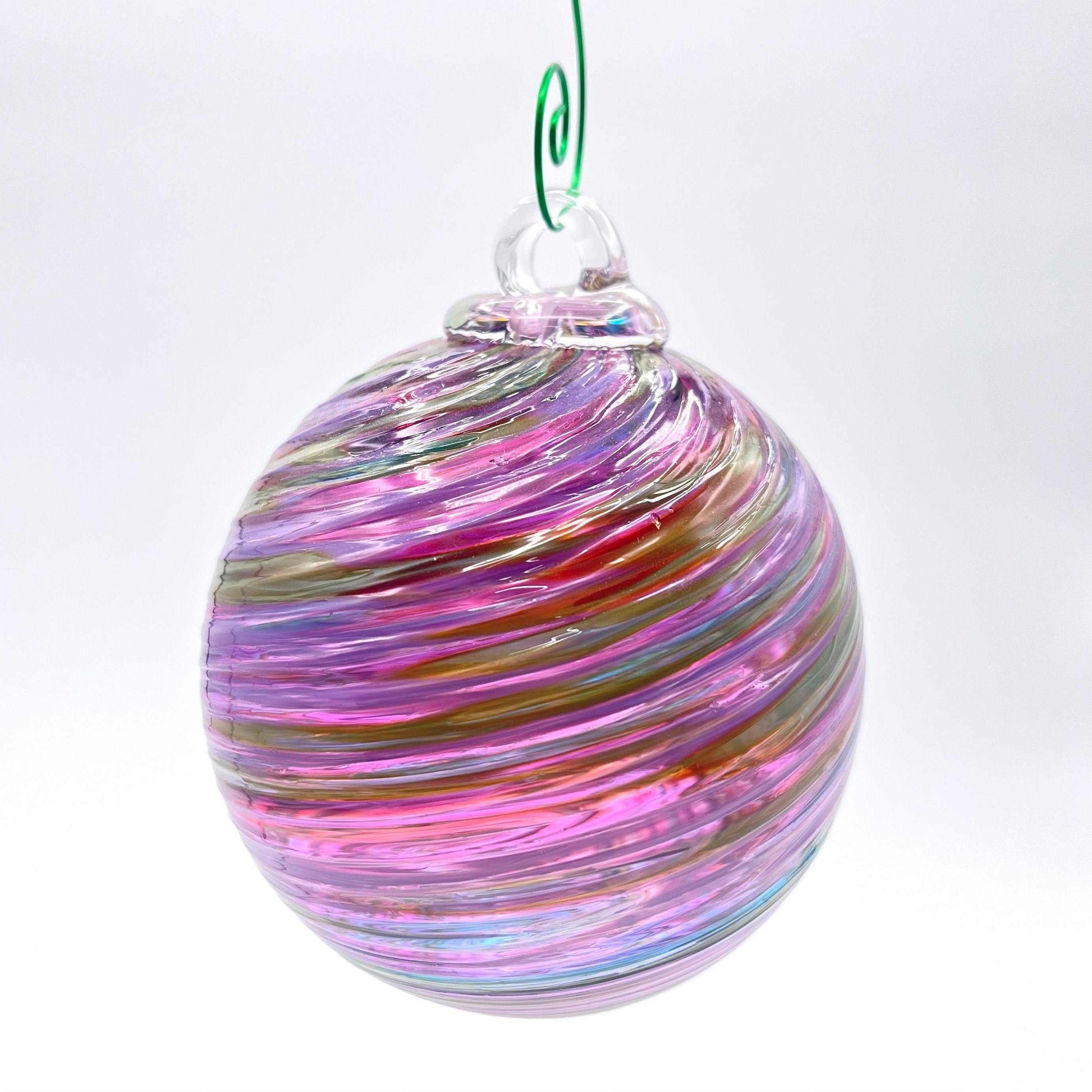Purpy Spiral Twist hand blown glass ornament with purple and pink spiral design, 4x4 inches, hanging decoration