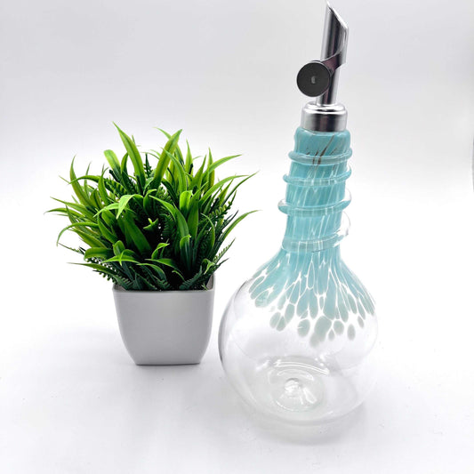 Celadon Oil & Vinegar spiral neck drizzler bottle with weighted pour spout and hand blown glass design