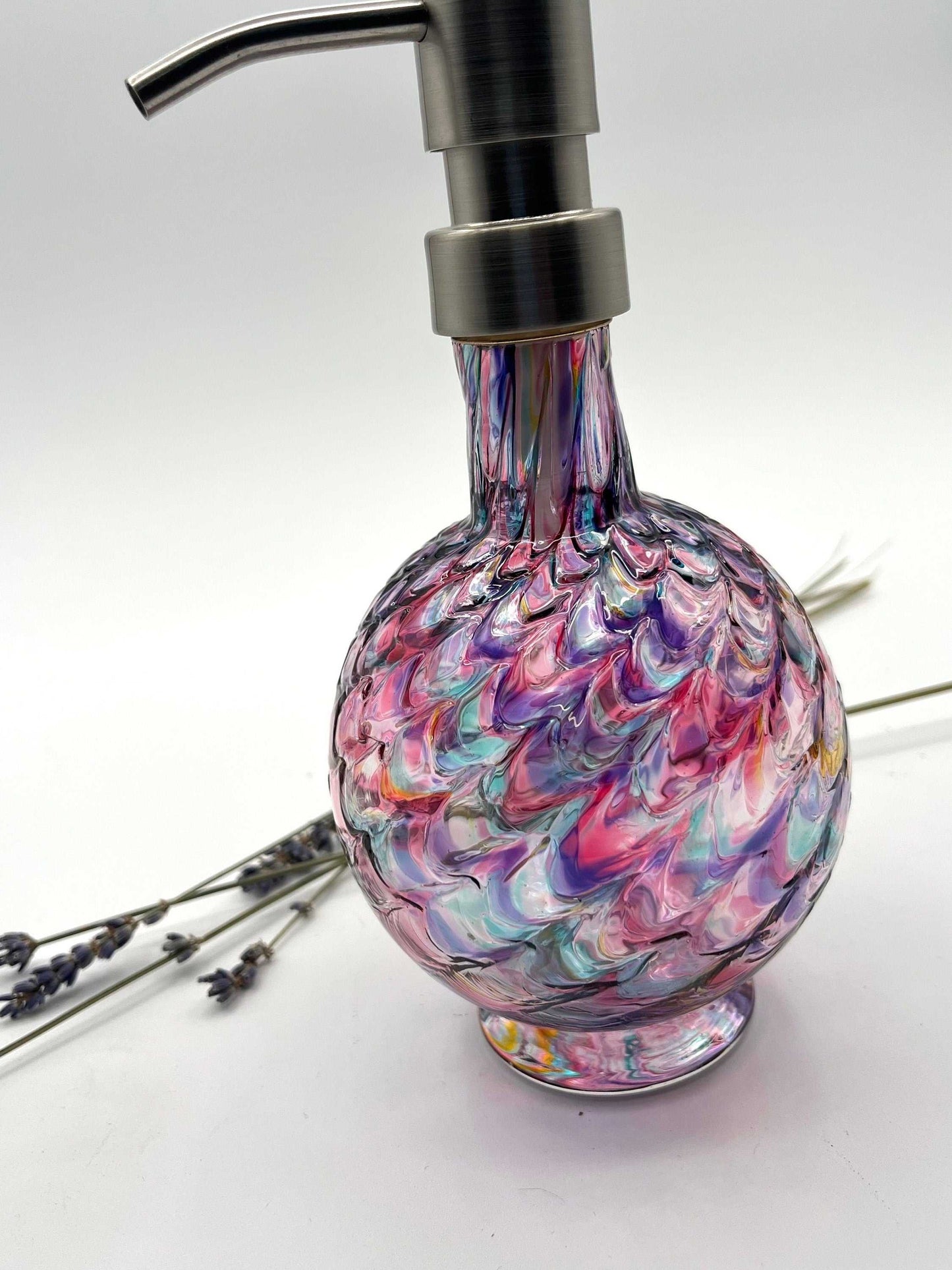 Opal Rainbow Mix marbled hand blown glass soap dispenser with textured pattern and metal pump