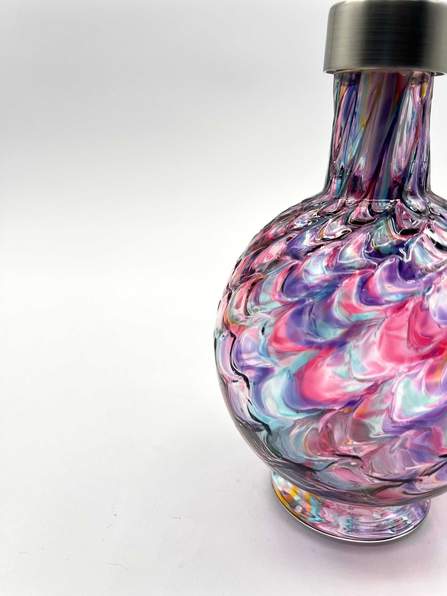 Opal Rainbow Mix marbled hand blown glass soap dispenser with silver screw top and textured colorful pattern