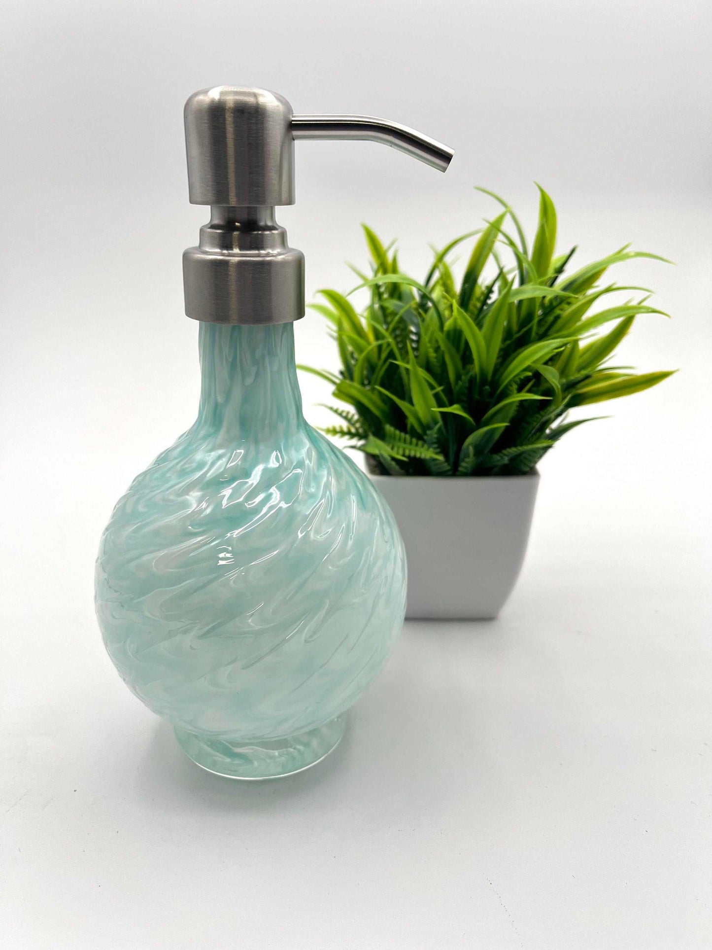 Celadon Handblown Marbled Glass Soap Dispenser