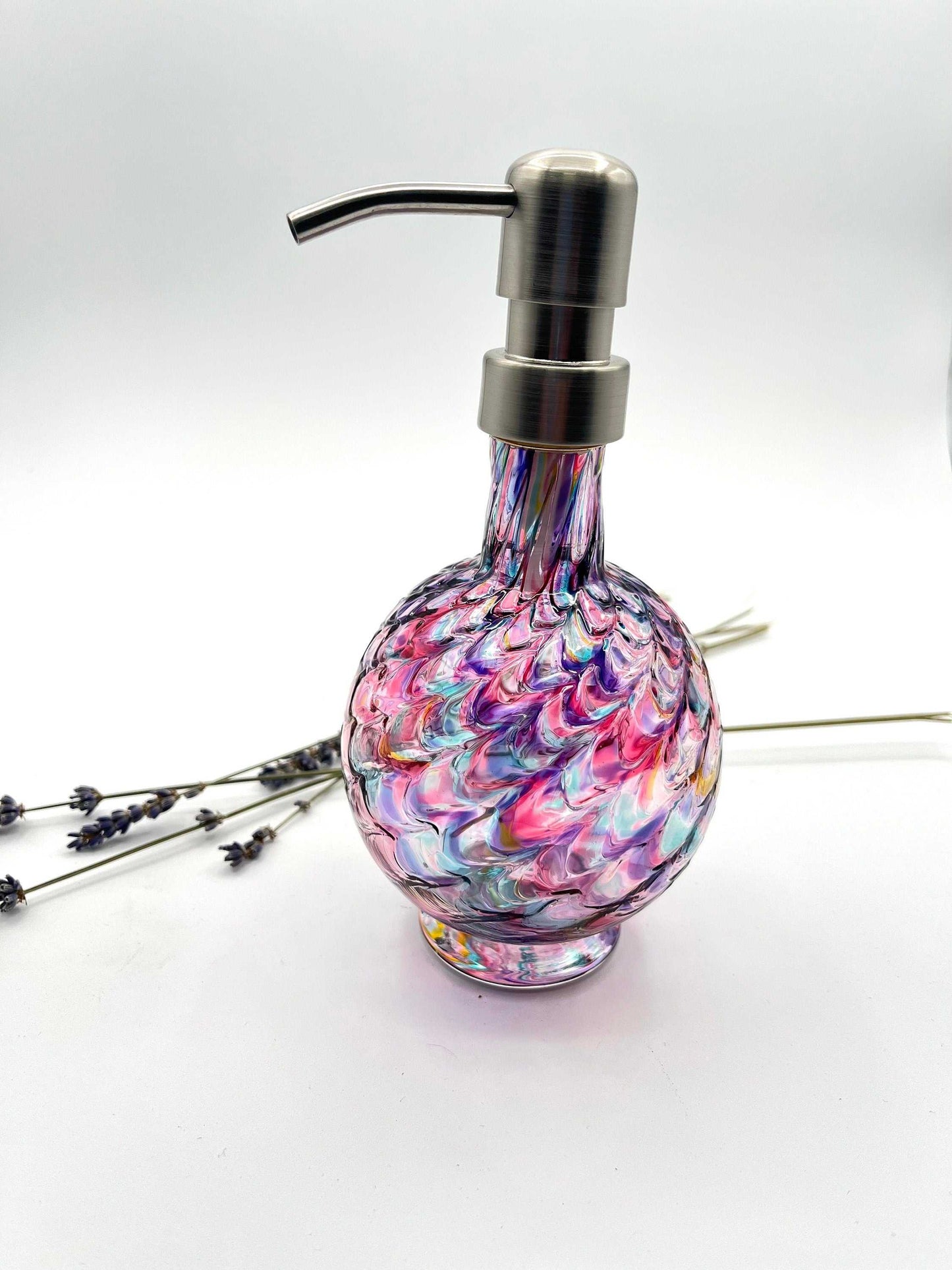 Opal Rainbow Mix marbled hand blown glass soap dispenser with stainless steel pump and textured colorful pattern
