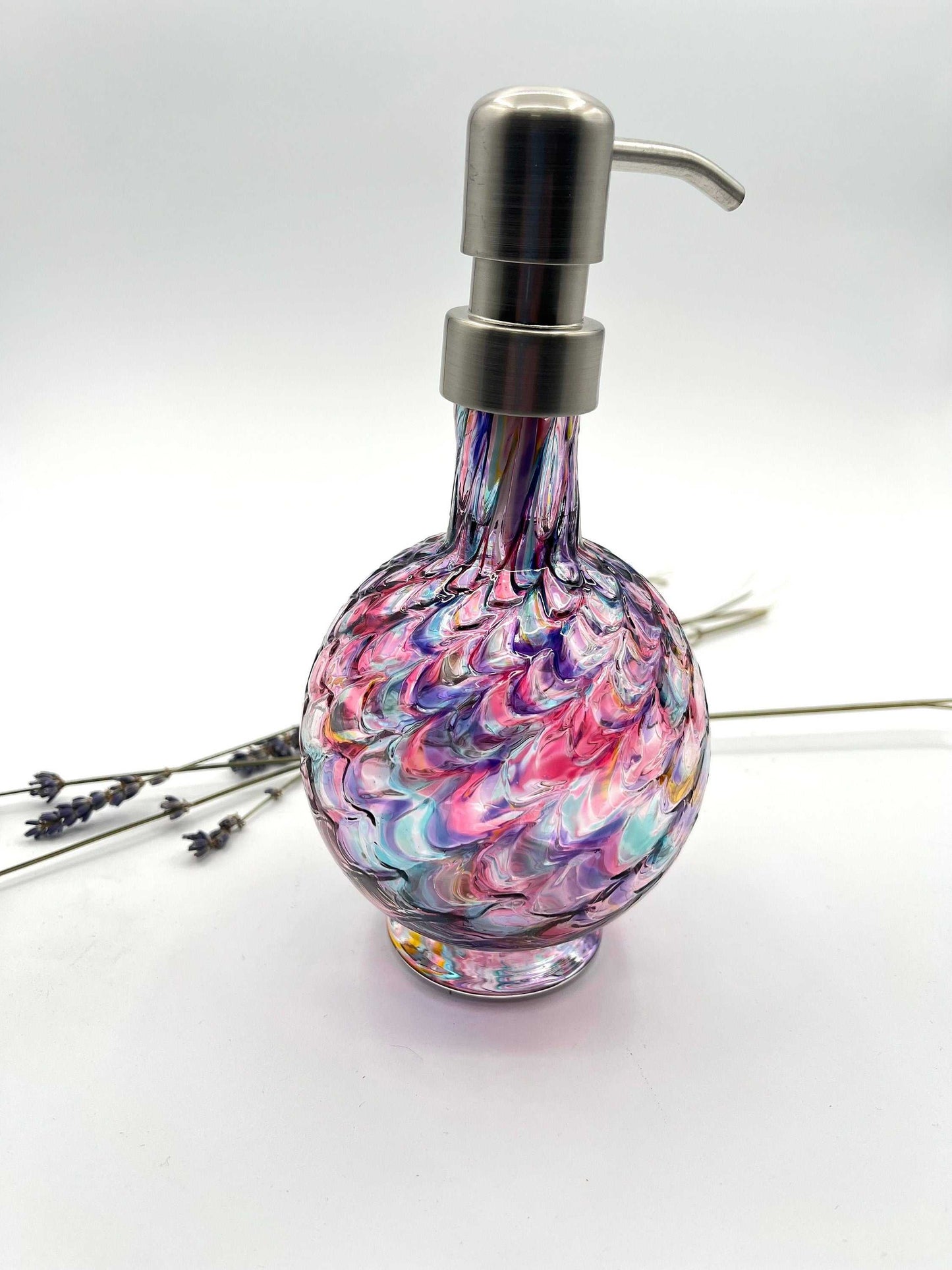 Opal Rainbow Mix marbled hand blown glass soap dispenser with stainless steel pump and colorful textured pattern