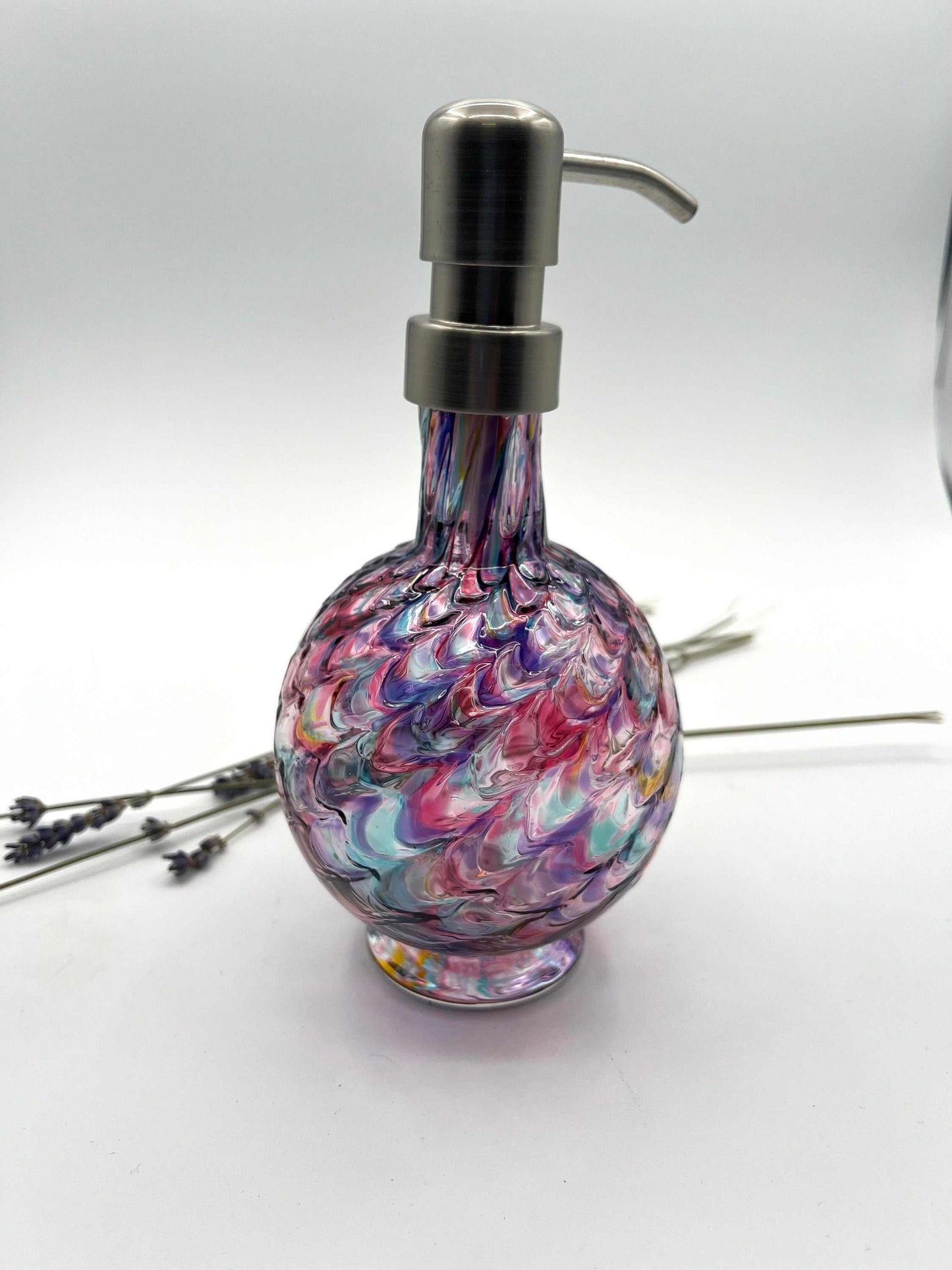 Opal Rainbow Mix marbled hand blown glass soap dispenser with metal pump and textured colorful pattern