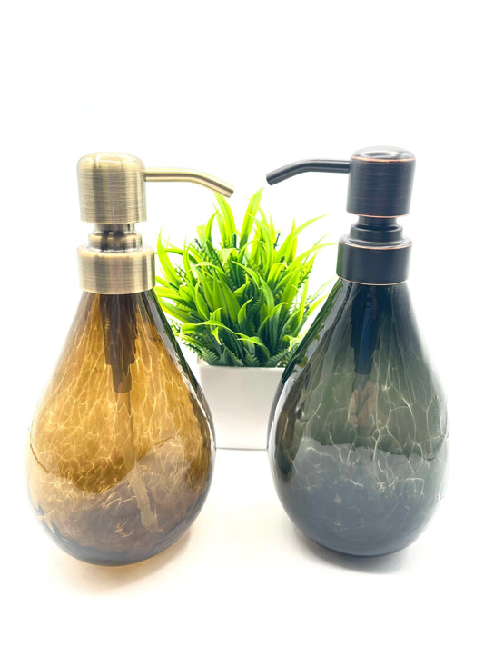 Topaz and gray hand blown glass soap dispensers with metal pump tops, 12-ounce capacity, elegant design