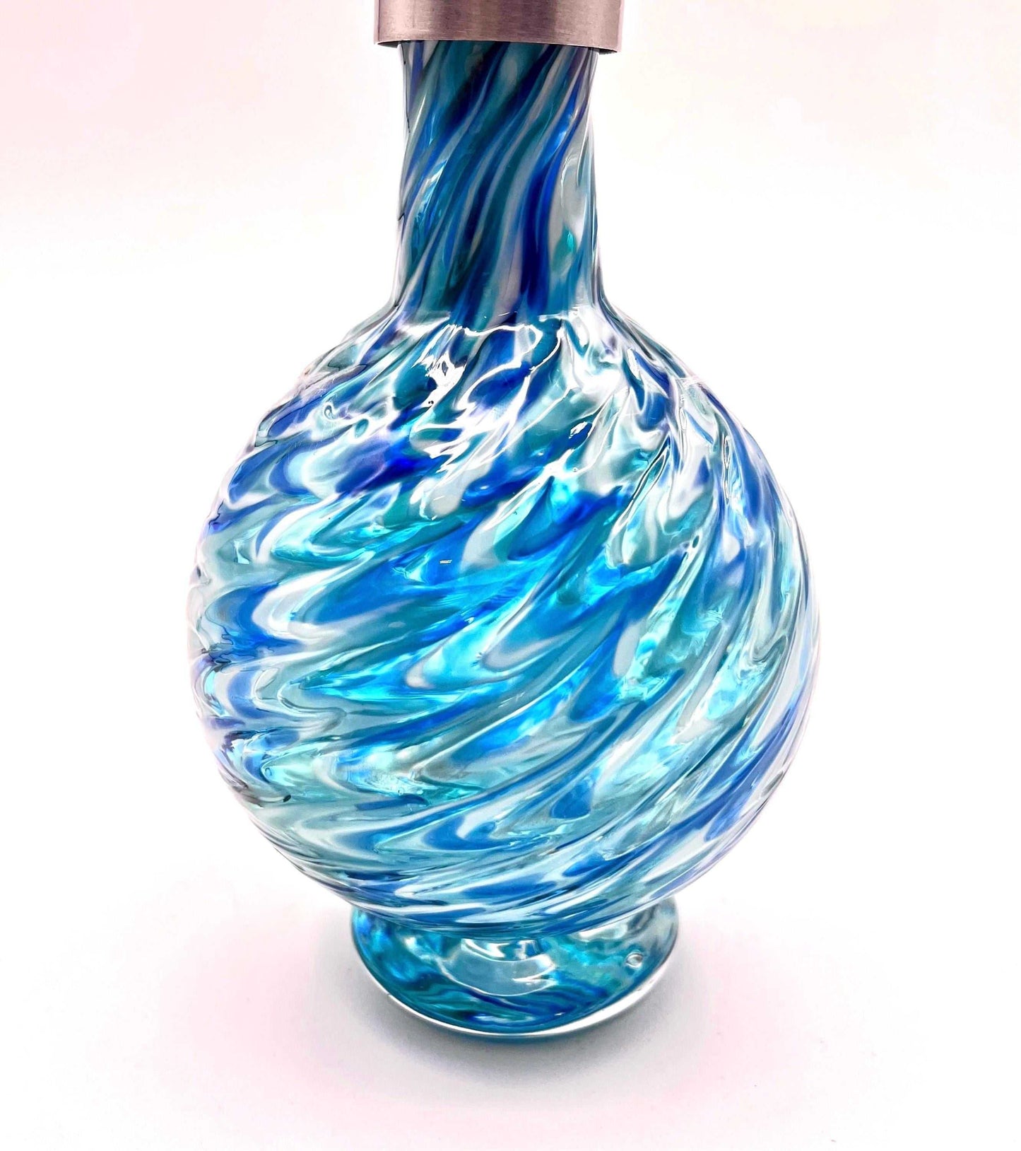 Ocean Mist blue marbled hand blown glass soap dispenser with swirling textured design and silver pump