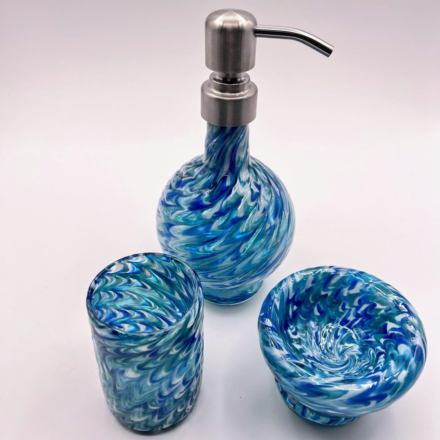 Vanity Set Ocean Waves Blue Mix Marbled Hand Blown Glass Soap Dispenser, glass and bowl