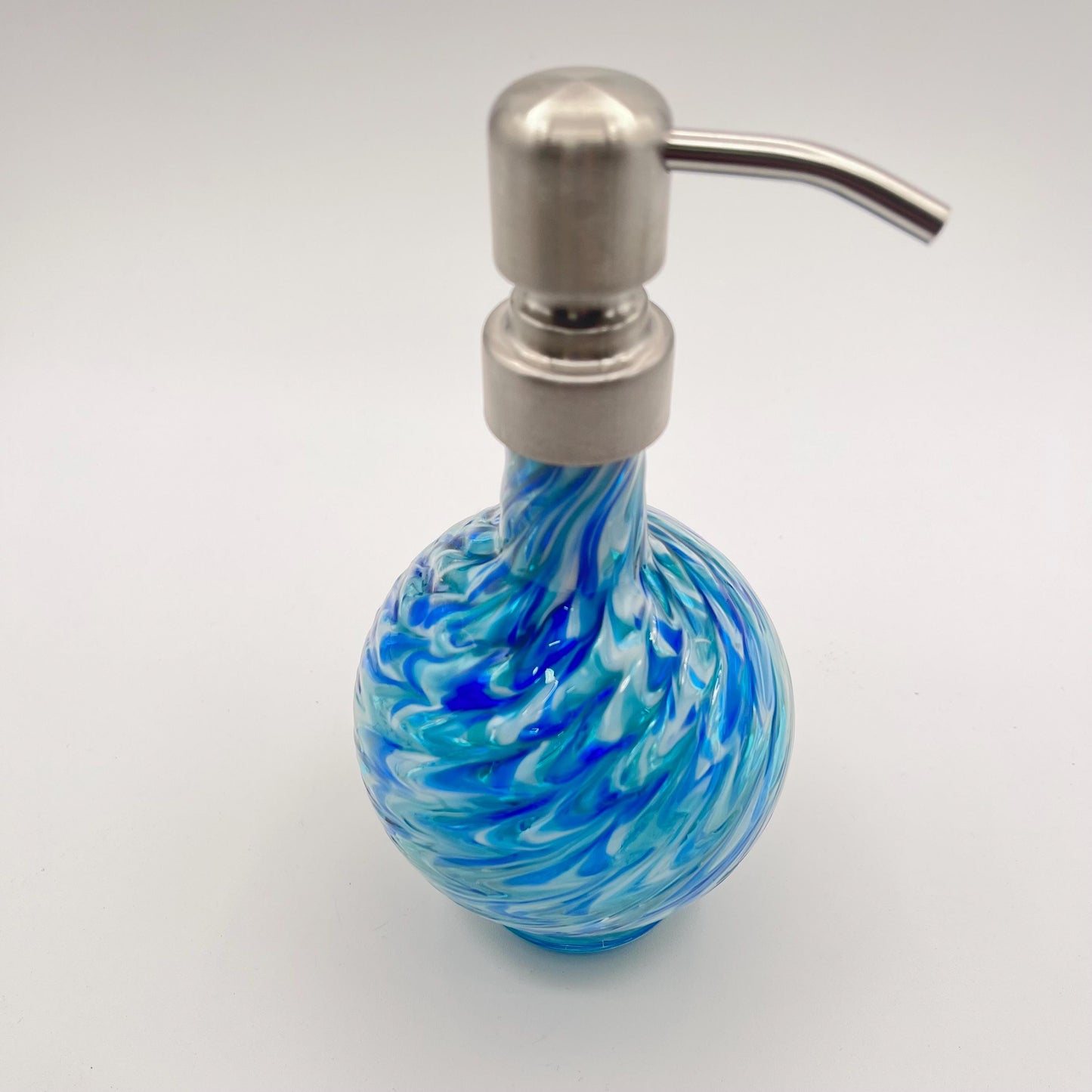 Vanity Set Ocean Waves Blue Mix Marbled Hand Blown Glass Soap Dispenser, glass and bowl